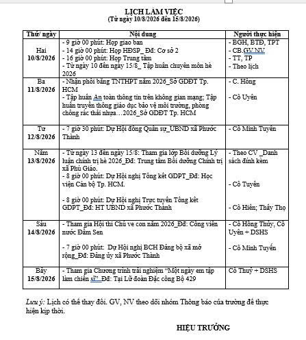 Lịch làm việc