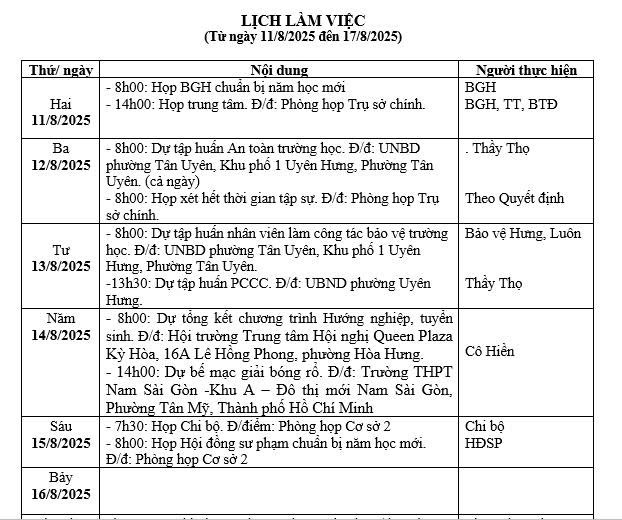 Lịch làm việc
