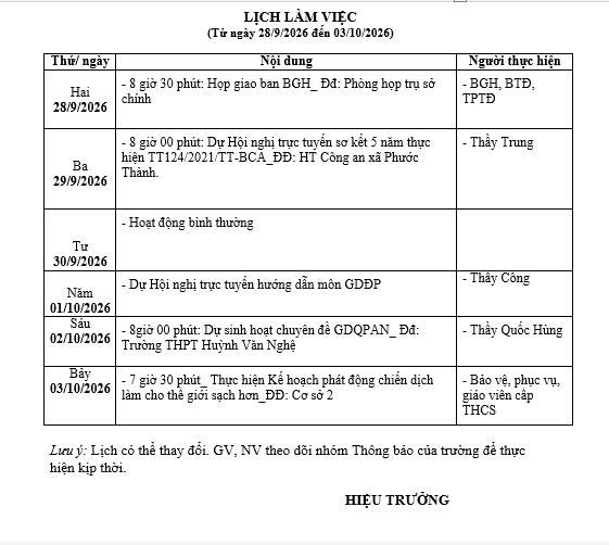Lịch làm việc