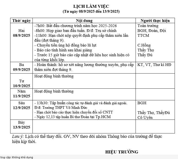 Lịch làm việc