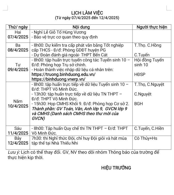 Lịch làm việc