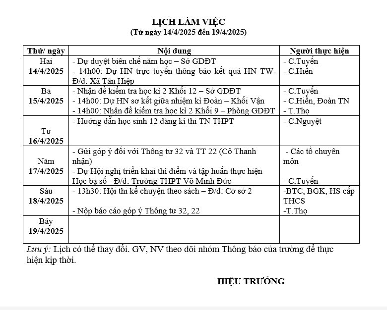 Lịch làm việc