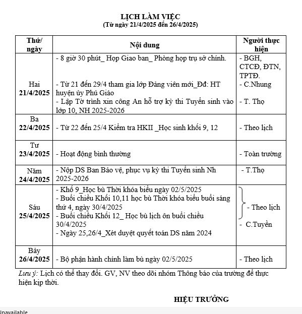Lịch làm việc