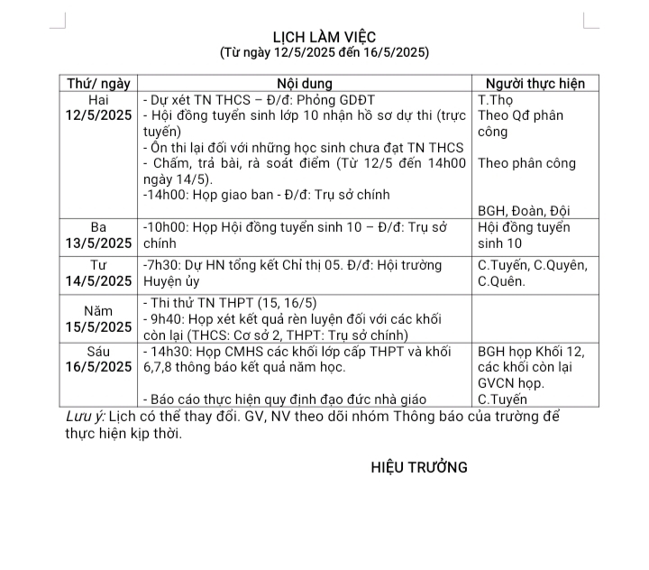 Lịch làm việc
