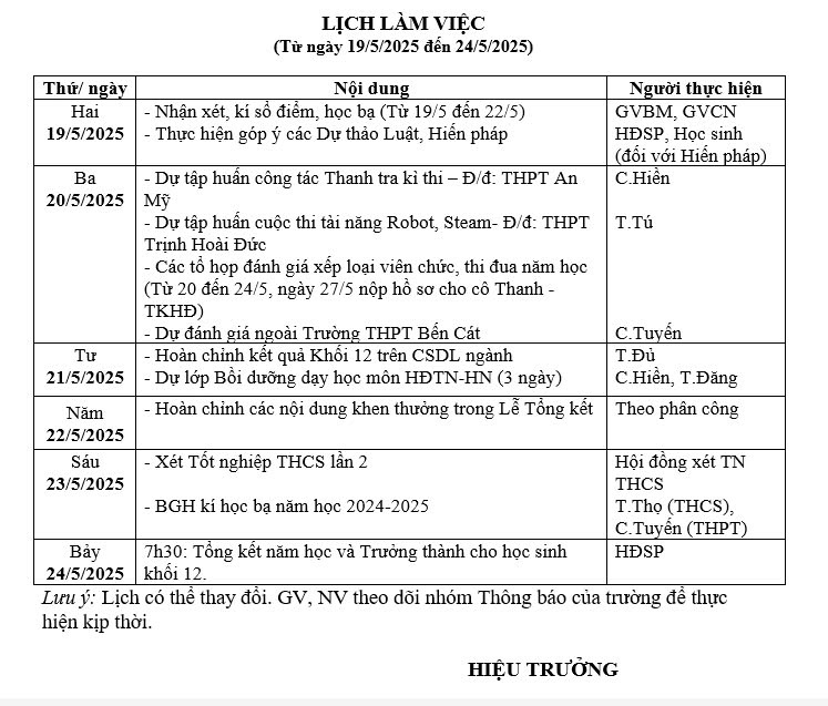 Lịch làm việc