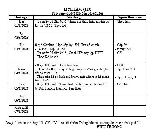 Lịch làm việc